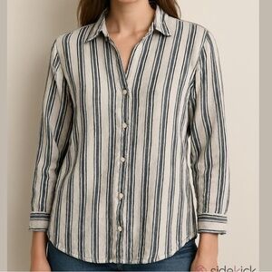 Sigrid Olsen linen blend button up long sleeve shirt roll tabs blue white small